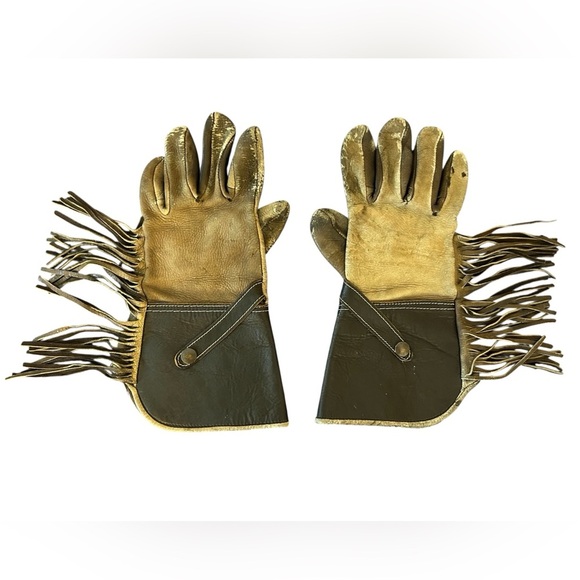 Vintage Brown and Tan Leather Fringe Gloves - Picture 1 of 6